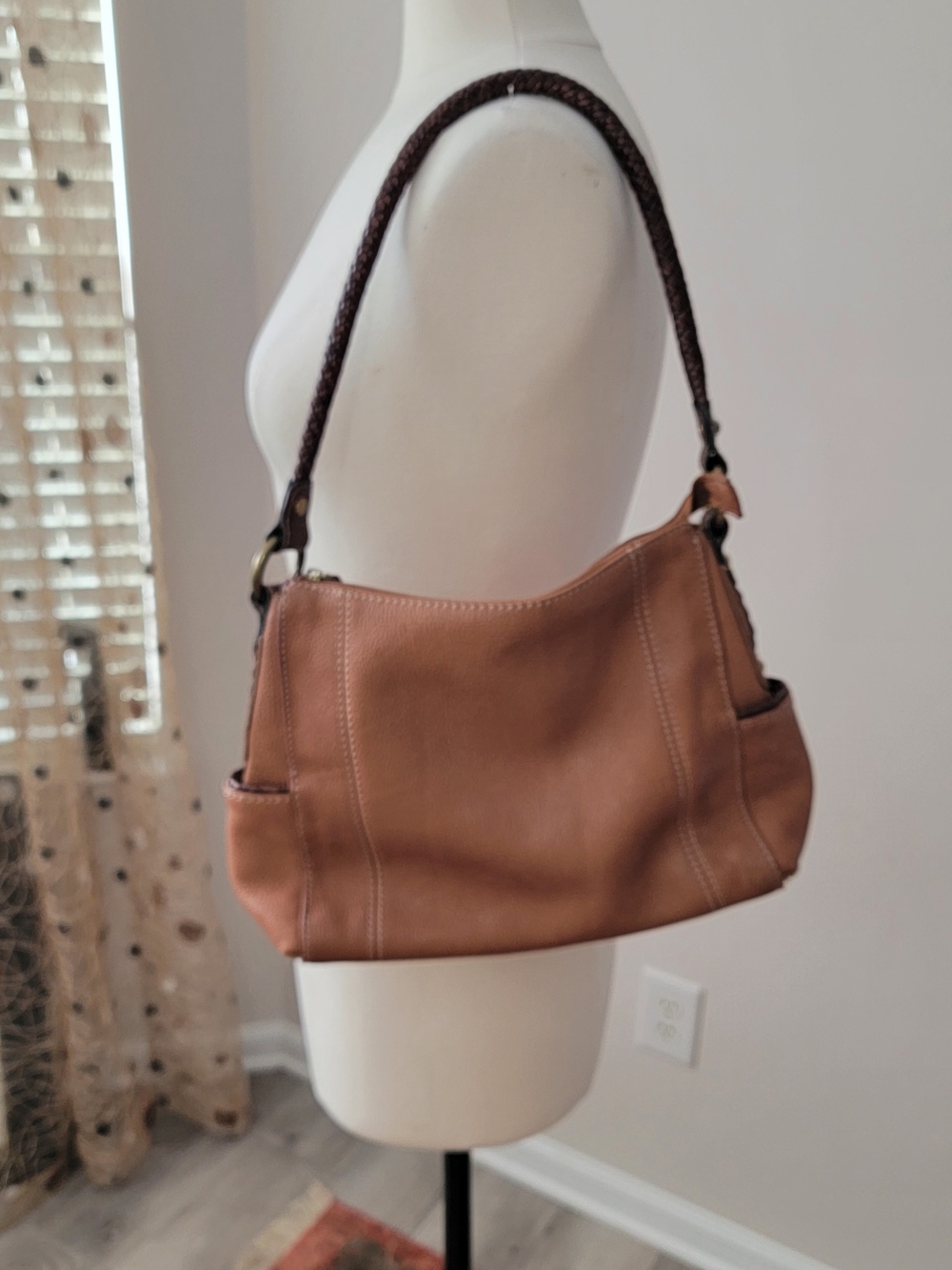 Fossil Tan Leather Shoulder Bag with Braided Dark Brown Handle